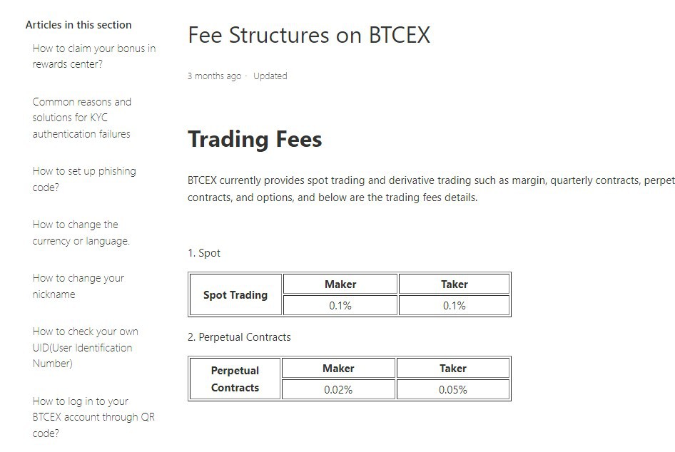 BTCEX Fees