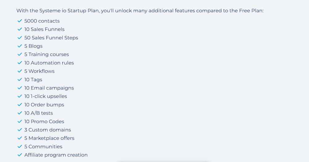 systeme.io startup plan features