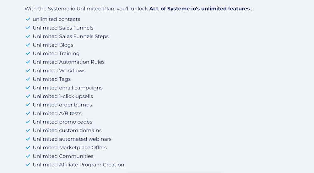 systeme.io unlimited plan features