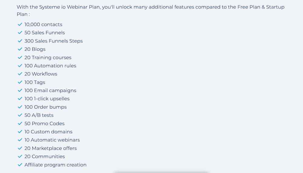 systeme.io webinar plan features